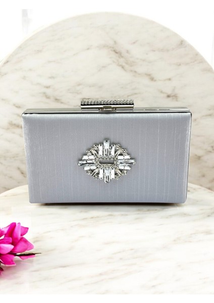 Gümüş Gri Renk El Izi Yapmayan Simli Saten Kristal Taşlı Kadın Abiye Çanta Düğün Nişan fiyatları