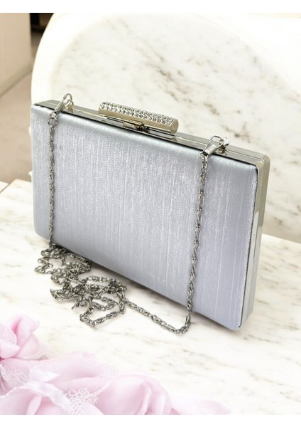 Gümüş Gri Renk El Izi Yapmayan Simli Saten Kristal Taşlı Kadın Abiye Çanta Düğün Nişan indirimleri