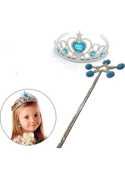 Zeroshop Mavi Ponponlu Karlar Ülkesi Elsa Asası ve Mavi Kalp Taşlı Elsa Tacı