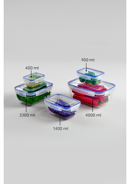 Dikdörtgen 5 Parça Contalı Vakumlu Sızdırmaz Hava Almaz Saklama Kabı Seti (4000/2300/1400/900/400 Ml) modelleri