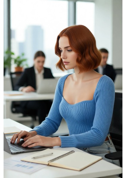 Kadın Basic Fitilli Crop Kahverengi Uzun Kol Kalp Yaka Akrilik Triko Kazak Rahat Gündüz Kombin