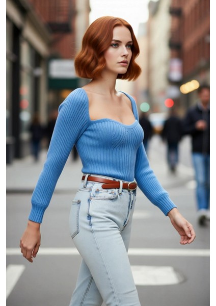 Kadın Basic Fitilli Crop Kahverengi Uzun Kol Kalp Yaka Akrilik Triko Kazak Rahat Gündüz Kombin fırsatları