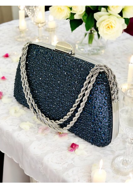 Lacivert Renk Taşlı Zincir Kulplu Kadın Abiye Çanta Mezuniyet Düğün Nişan