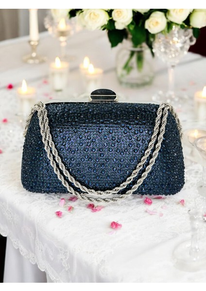 Lacivert Renk Taşlı Zincir Kulplu Kadın Abiye Çanta Mezuniyet Düğün Nişan fiyatları