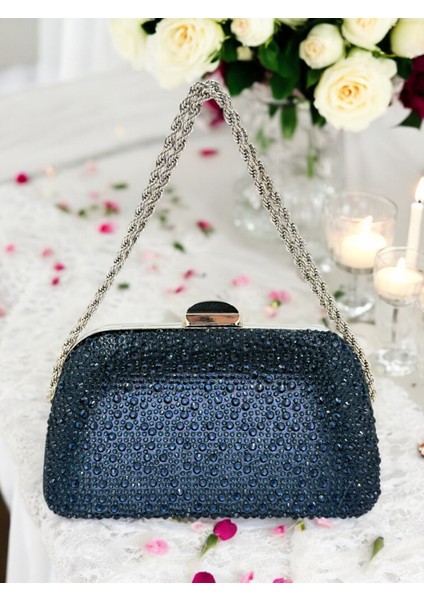 Lacivert Renk Taşlı Zincir Kulplu Kadın Abiye Çanta Mezuniyet Düğün Nişan fırsatları