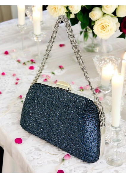 Lacivert Renk Taşlı Zincir Kulplu Kadın Abiye Çanta Mezuniyet Düğün Nişan indirimleri