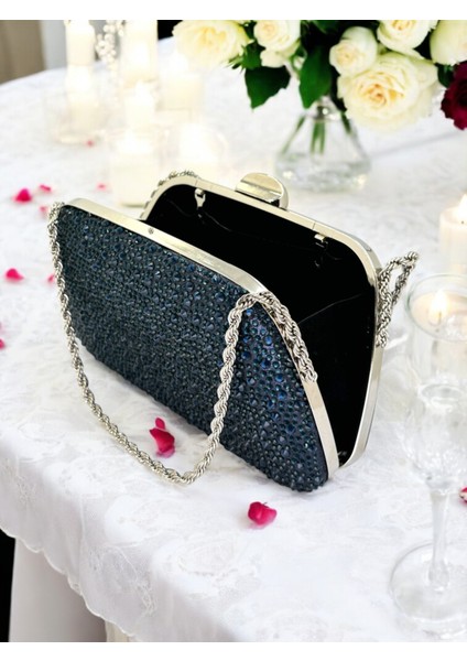 Lacivert Renk Taşlı Zincir Kulplu Kadın Abiye Çanta Mezuniyet Düğün Nişan