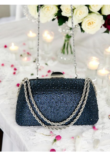 Lacivert Renk Taşlı Zincir Kulplu Kadın Abiye Çanta Mezuniyet Düğün Nişan