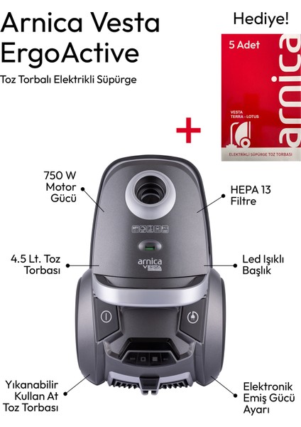 Vesta Ergoactive Gri Toz Torbalı Elektrikli Süpürge + Toz Torbası Hediyeli