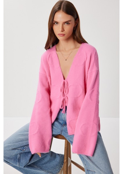 Çok Yumuşak Dokulu Bağlamalı Triko Hırka LCI0043 Pembe