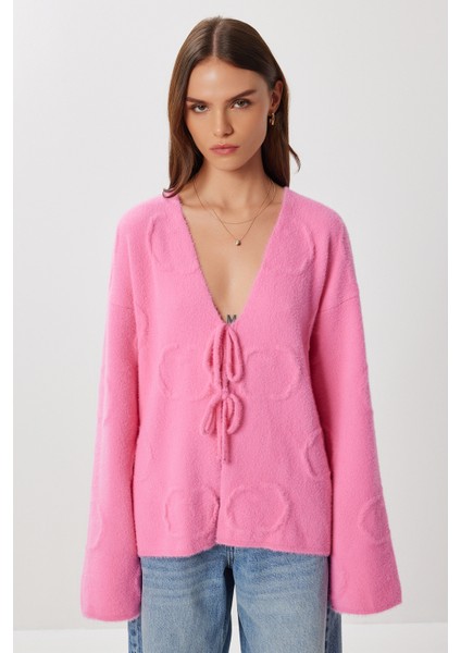 Çok Yumuşak Dokulu Bağlamalı Triko Hırka LCI0043 Pembe modelleri