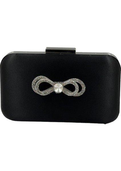 Siyah Renk Saten Gümüş Kasalı Gümüş Taşlı Abiye Çanta Gece Çantası Düğün Nişan Portföy