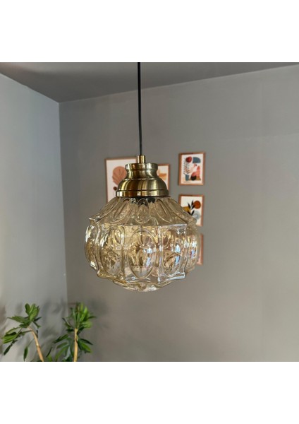 Şila Cam Bal Rengi Tekli Avize Kum Saati Başlık Retro Sarkıt Lamba Salon Aydınlatma