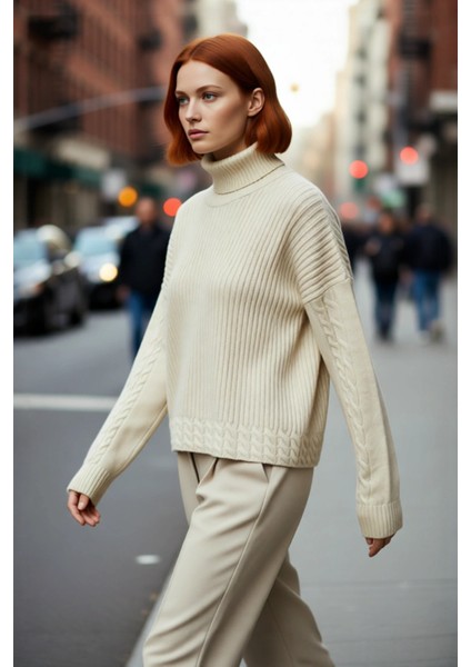 Kadın Oversize Balıkçı Yaka Triko Kazak Kış Günleri Için Konforlu Düşük Kol Saç Örgülü Tasarım