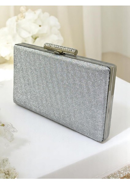 Nokta Desenli Gümüş Gri Lame Renk Kadın Abiye Çanta Düğün Nişan Mezuniyet