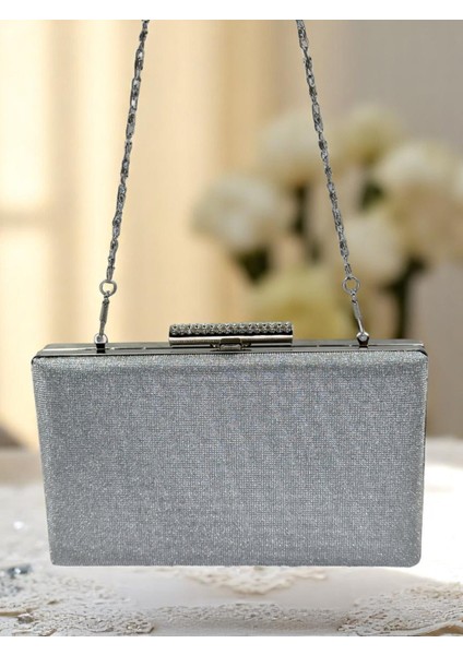 Nokta Desenli Gümüş Gri Lame Renk Kadın Abiye Çanta Düğün Nişan Mezuniyet fırsatları