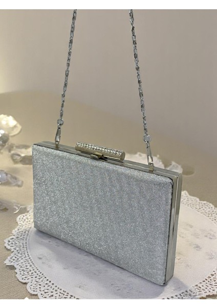 Nokta Desenli Gümüş Gri Lame Renk Kadın Abiye Çanta Düğün Nişan Mezuniyet indirimleri