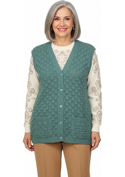 Kadın Kışlık Anne Yelek Pamuklu Triko Örme Düğmeli Cepli Klasik Esnek Rahat