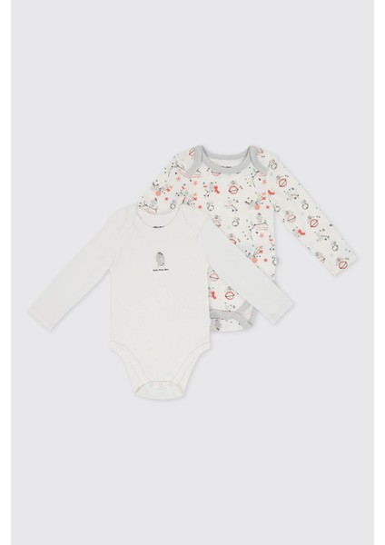 Yenidoğan Desenli ve Düz 2'li Ekru Body Set