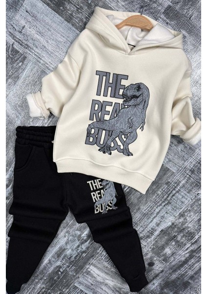 Erkek Çocuk Önü Yazı ve Dino Baskılı Kapşonlu Sweatshirt 3 Iplik Siyah Eşofman Takım