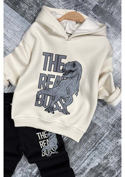 Erkek Çocuk Önü Yazı ve Dino Baskılı Kapşonlu Sweatshirt 3 Iplik Siyah Eşofman Takım fiyatları