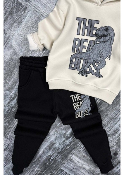 Erkek Çocuk Önü Yazı ve Dino Baskılı Kapşonlu Sweatshirt 3 Iplik Siyah Eşofman Takım modelleri