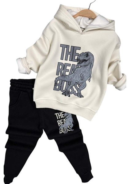 Erkek Çocuk Önü Yazı ve Dino Baskılı Kapşonlu Sweatshirt 3 Iplik Siyah Eşofman Takım fırsatları