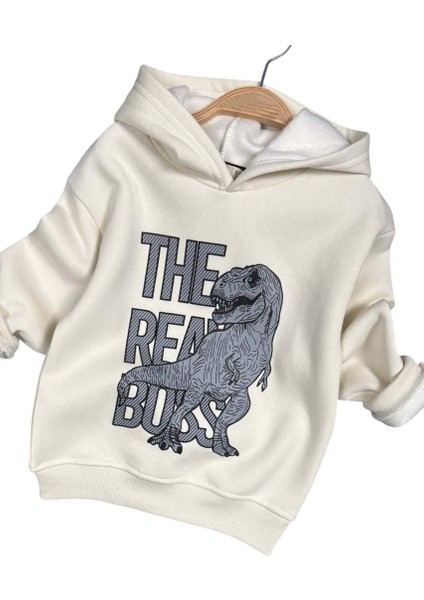 Erkek Çocuk Önü Yazı ve Dino Baskılı Kapşonlu Sweatshirt 3 Iplik Siyah Eşofman Takım indirimleri