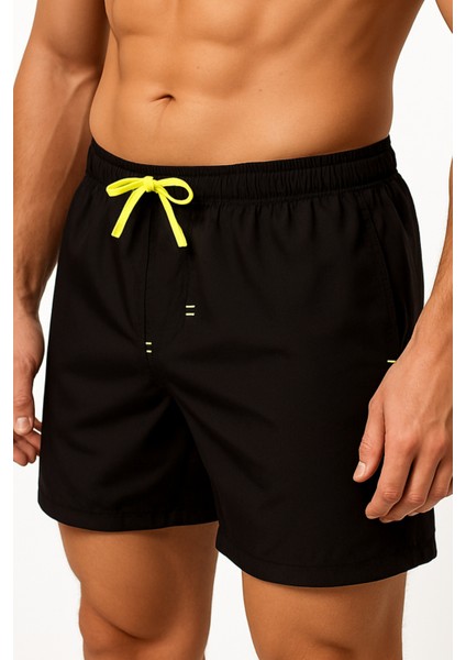 Erkek Astarlı Fermuarlı Çift Cepli Deniz Şortu Siyah Regular Fit