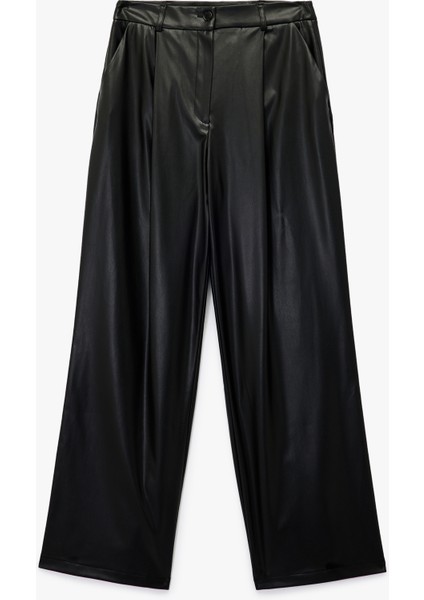 Yüksek Bel Cep Detaylı Palazzo Suni Deri Pantolon modelleri