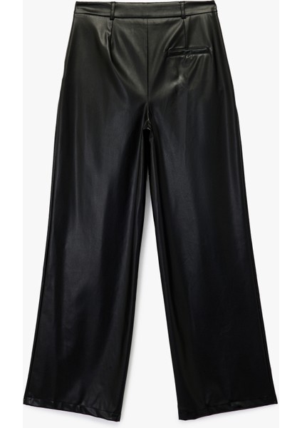 Yüksek Bel Cep Detaylı Palazzo Suni Deri Pantolon fırsatları