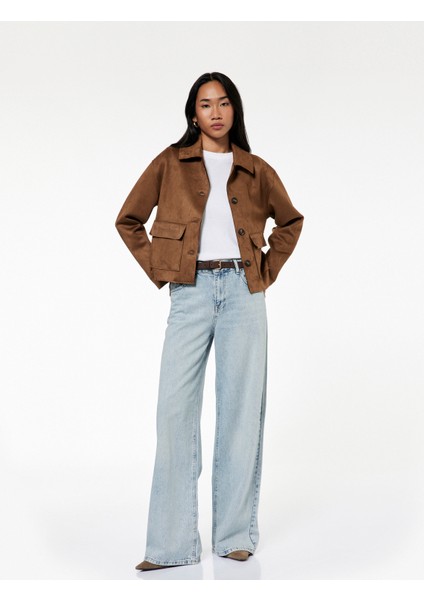 Düğmeli Cepli Rahat Kalıp Pamuklu Bol Paça Jean Pantolon - Loose Straight Fit Jean