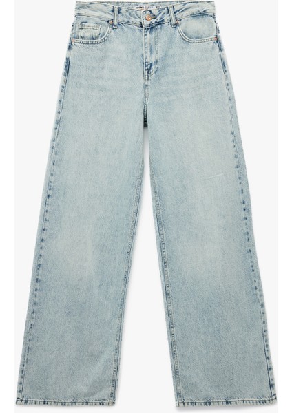 Düğmeli Cepli Rahat Kalıp Pamuklu Bol Paça Jean Pantolon - Loose Straight Fit Jean fırsatları