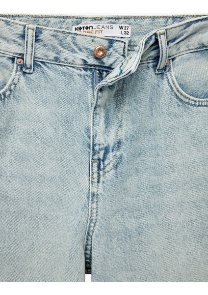 Düğmeli Cepli Rahat Kalıp Pamuklu Bol Paça Jean Pantolon - Loose Straight Fit Jean