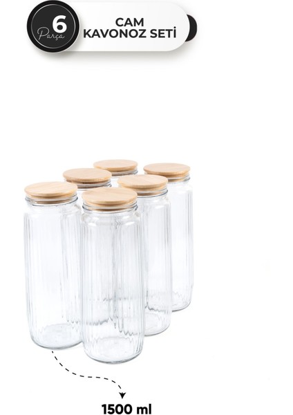 6’lı Ahşap Kapaklı Uzun Cam Kavanoz Seti 1500 ml – Bakliyat/makarna/un-Şeker Saklama Kabı Seti fırsatları