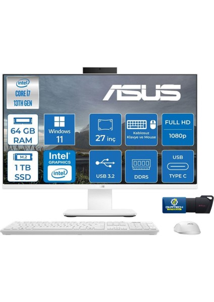 V470VAK Intelcore I7-13620H 64GB Ram 1 Tb SSD 27''fhd 100HZ 300NITS Allınone Bilgisayar+Usb Bellek