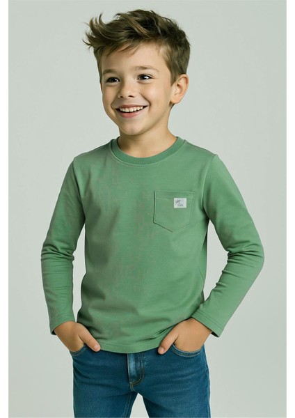 Erkek Çocuk Uzun Kollu Tişört Cool Yazı Armalı Cepli 4-8 Yaş, Mint Yeşili fırsatları