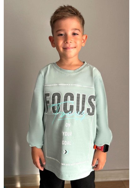 Erkek Çocuk Uzun Kollu Tişört Slogan Temalı Yazı Baskılı 6-12 Yaş, Su Yeşili fırsatları