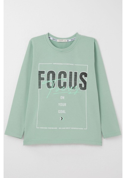 Erkek Çocuk Uzun Kollu Tişört Slogan Temalı Yazı Baskılı 6-12 Yaş, Su Yeşili