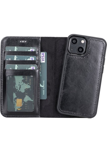 Apple iPhone 13 Mini Uyumlu Deri Cüzdanlı Kılıf Rst1 Siyah