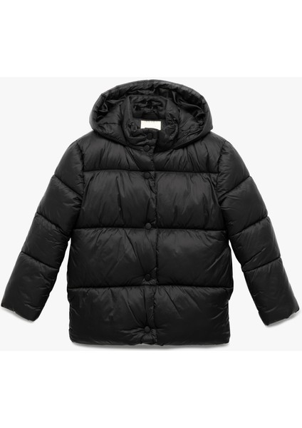 Uzun Kollu Çıtçıt Kapamalı Kapşonlu Şişme Mont