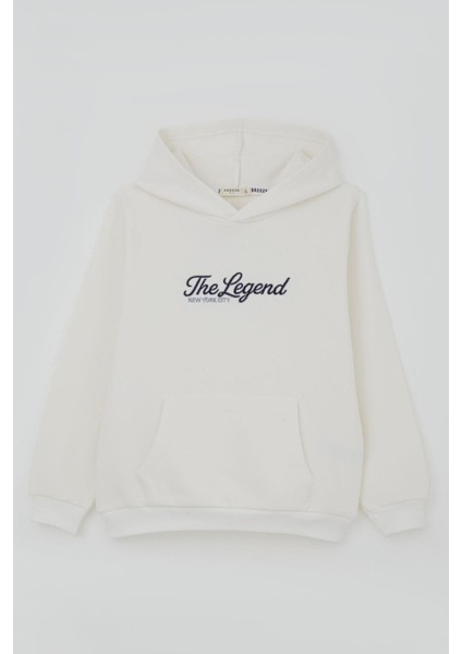 Erkek Çocuk Sweatshirt Kapüşonlu Yazı Nakışlı 4-8 Yaş, Ekru