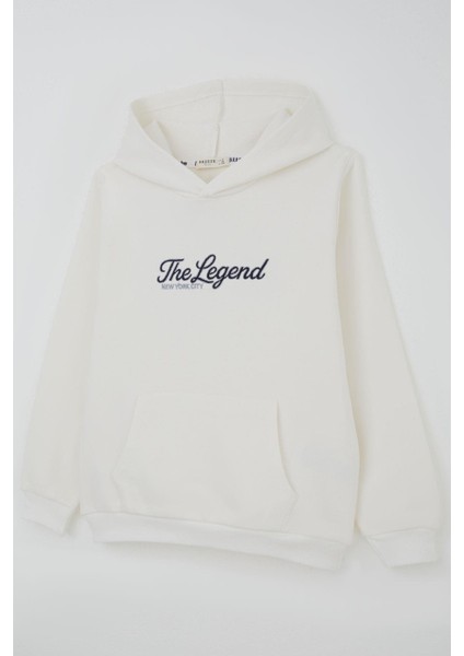 Erkek Çocuk Sweatshirt Kapüşonlu Yazı Nakışlı 4-8 Yaş, Ekru modelleri