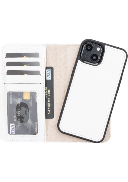 Apple iPhone 13 Uyumlu Deri Cüzdanlı Kılıf F3 Beyaz