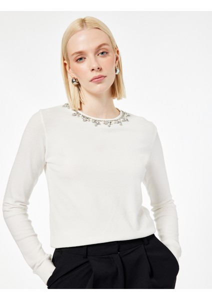 Uzun Kollu Bisiklet Yaka Taşlı Triko Kazak