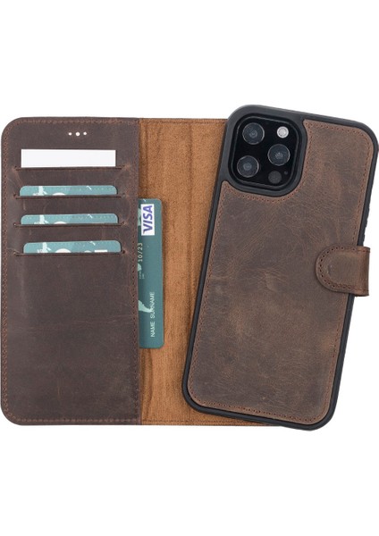 Apple iPhone 13 Pro Max Uyumlu Deri Cüzdanlı Kılıf G6 Kahverengi