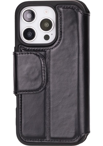 Apple iPhone 16 Pro Uyumlu, Hakiki Deri, El Yapımı, Cüzdanlı Kılıf, Parlak Siyah modelleri