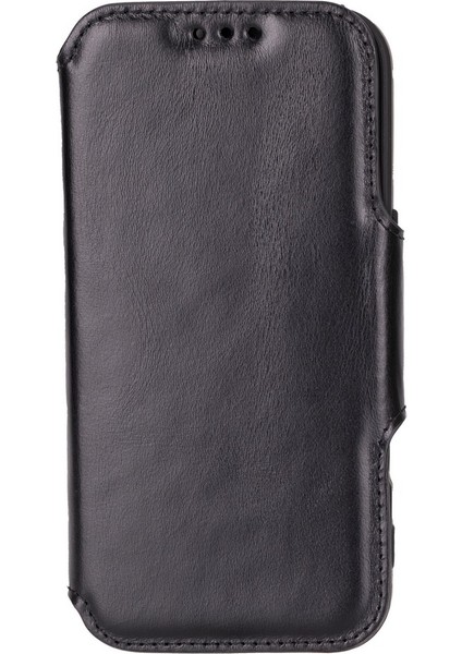 Apple iPhone 16 Pro Uyumlu, Hakiki Deri, El Yapımı, Cüzdanlı Kılıf, Parlak Siyah fırsatları