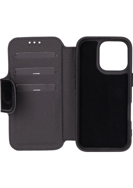 Apple iPhone 16 Pro Uyumlu, Hakiki Deri, El Yapımı, Cüzdanlı Kılıf, Parlak Siyah indirimleri