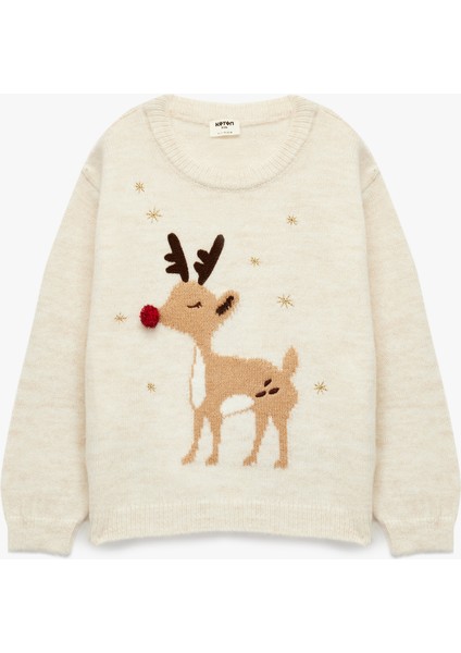 Uzun Kollu Bisiklet Yaka Geyik Desenli Triko Kazak